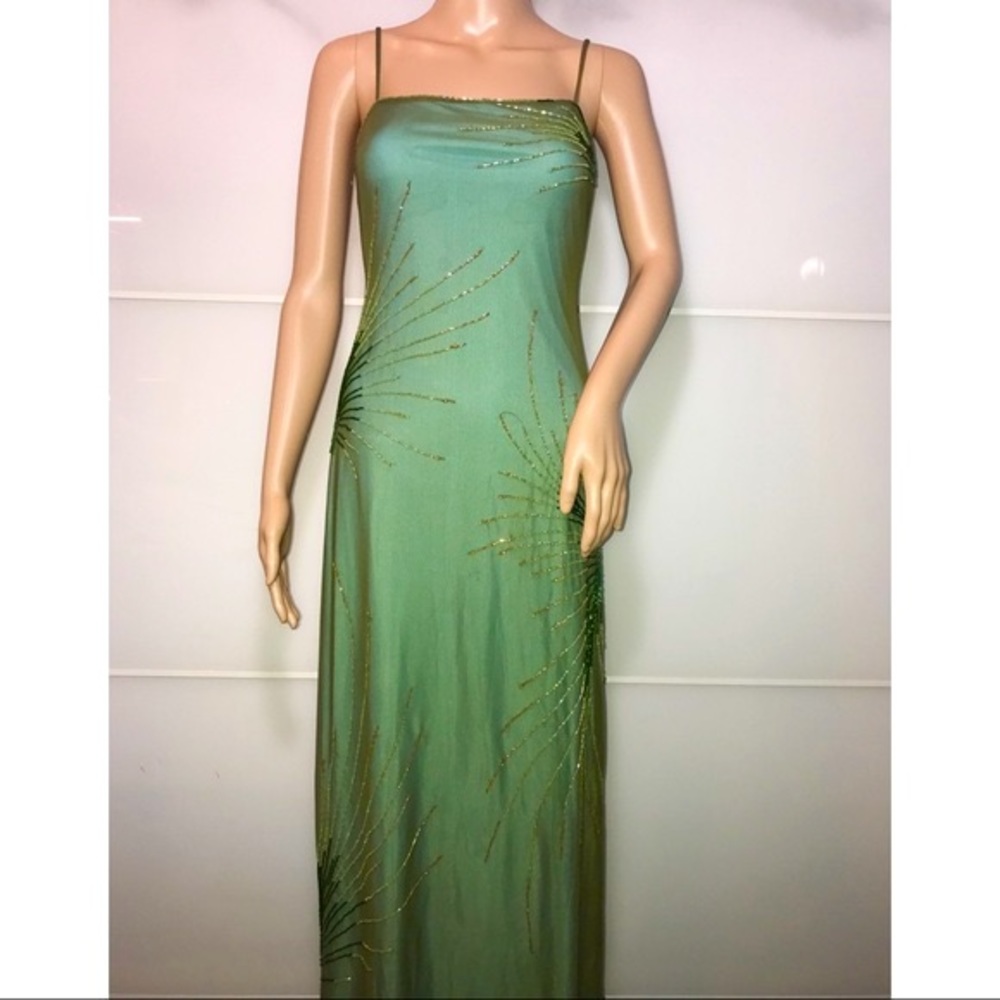 BCBG Long Olive Beaded Prom Dress